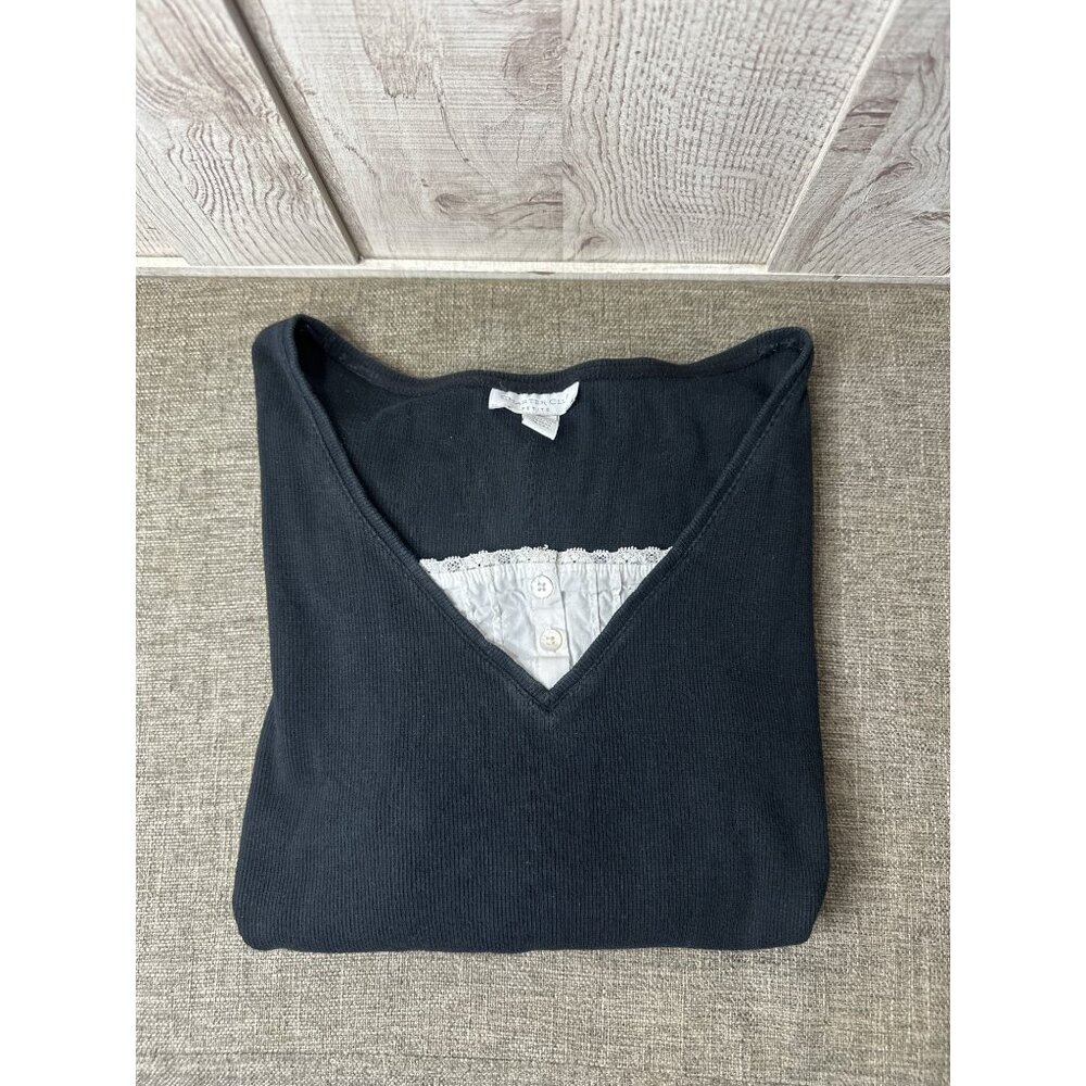 Charter Club Petite Large Womens Black Ribbed V Neck Top Button White Insert - Picture 3 of 6